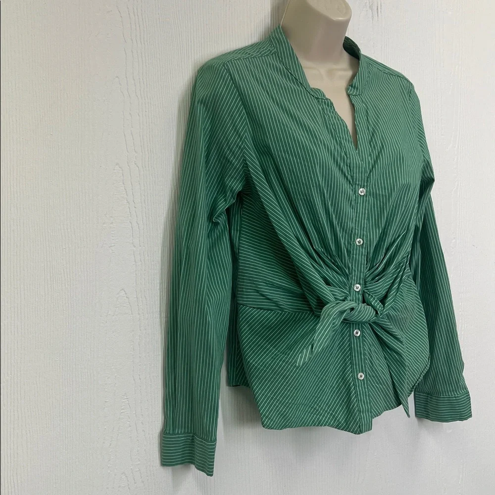 Anthropologie - Maeve Katherine Green And White Button Down Knotted Blouse SZ 8 - Picture 3 of 11